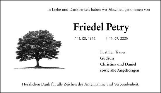 Traueranzeige von Friedel Petry von Wetzlarer Neue Zeitung