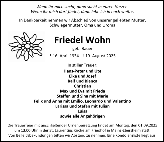 Traueranzeige von Friedel Wohn von Allgemeine Zeitung Mainz