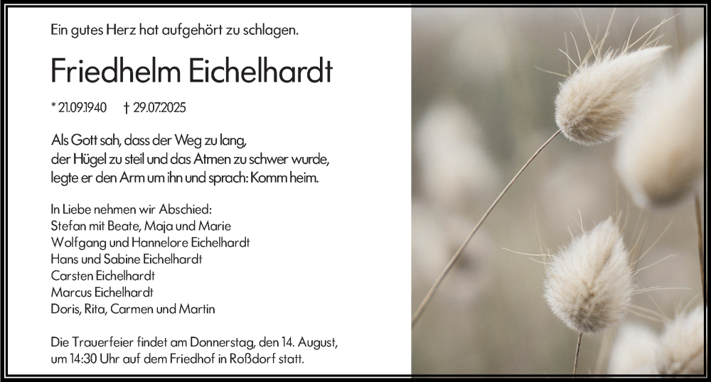  Traueranzeige für Friedhelm Eichelhardt vom 09.08.2025 aus Darmstädter Echo