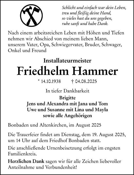 Traueranzeige von Friedhelm Hammer von Wetzlarer Neue Zeitung