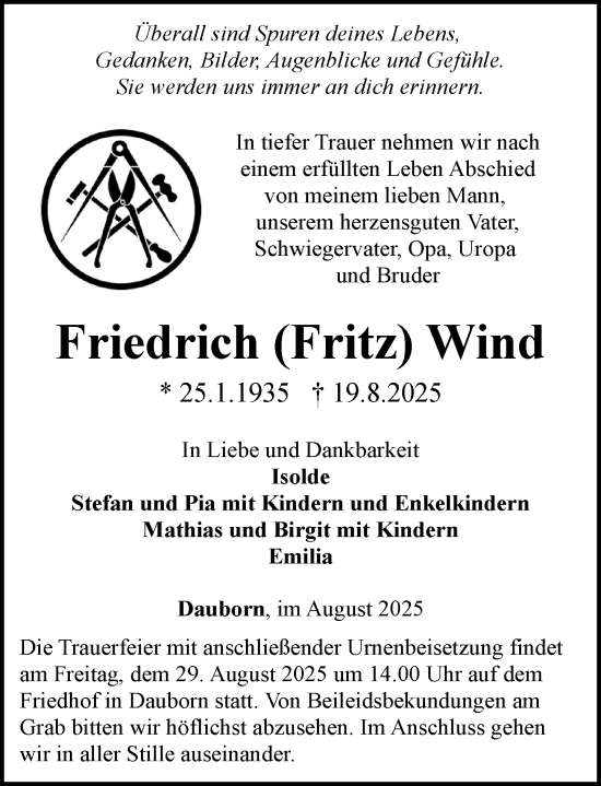 Traueranzeige von Friedrich Wind von Camberger Anzeiger