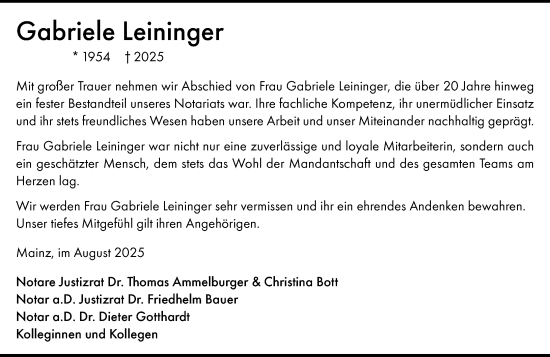 Traueranzeige von Gabriele Leininger von Allgemeine Zeitung Mainz