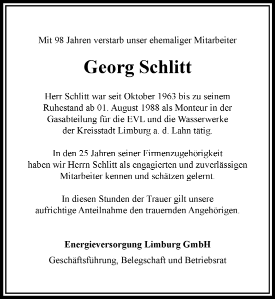 Traueranzeige von Georg Schlitt von Nassauische Neue Presse