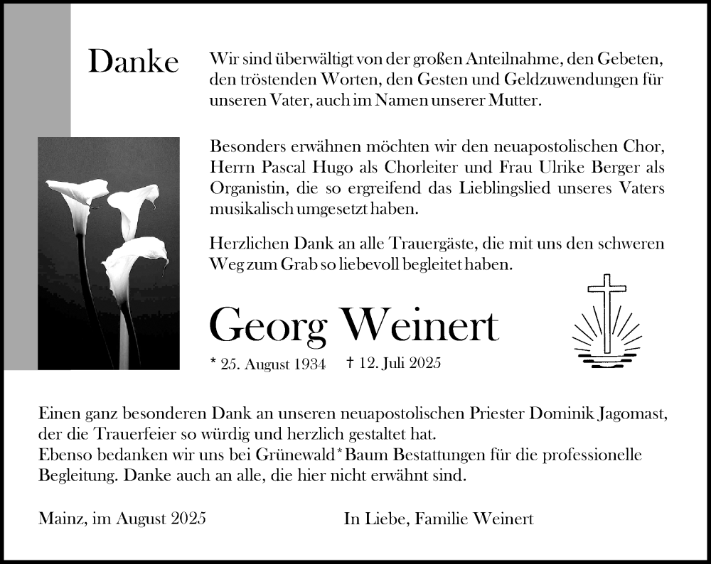  Traueranzeige für Georg Weinert vom 16.08.2025 aus Allgemeine Zeitung Mainz