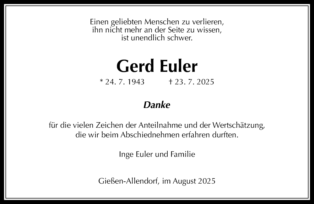  Traueranzeige für Gerd Euler vom 23.08.2025 aus Wetzlarer Neue Zeitung