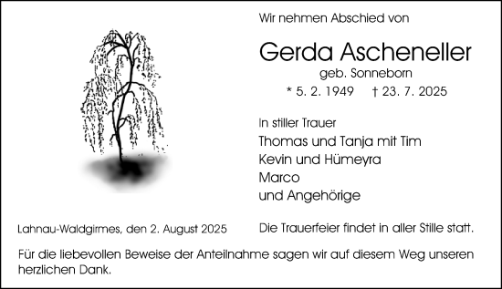 Traueranzeige von Gerda Ascheneller von Wetzlarer Neue Zeitung