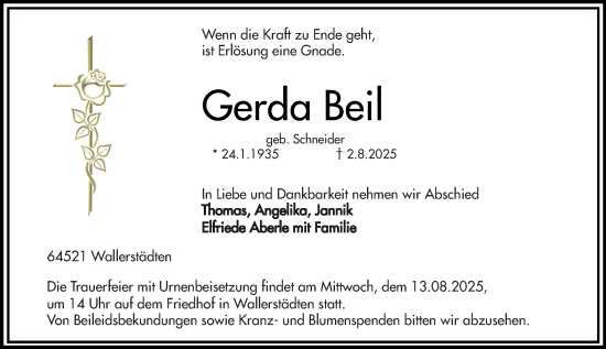 Traueranzeige von Gerda Beil von Groß-Gerauer Echo