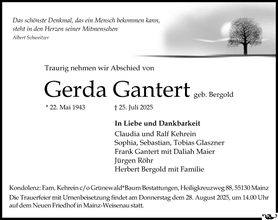 Traueranzeige von Gerda Gantert von Allgemeine Zeitung Mainz