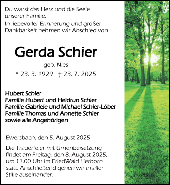 Traueranzeige von Gerda Schier von Dill Block