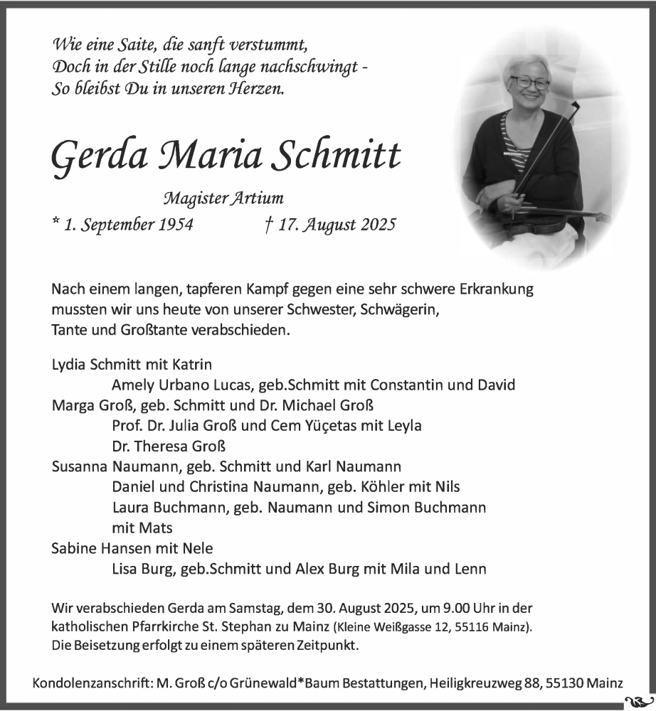  Traueranzeige für Gerda Maria Schmitt vom 23.08.2025 aus Allgemeine Zeitung Mainz