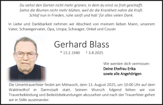 Traueranzeige von Gerhard Blass von Darmstädter Echo