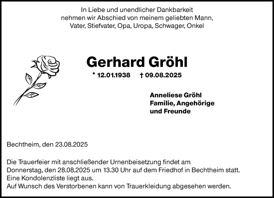 Traueranzeige von Gerhard Gröhl von Wormser Zeitung