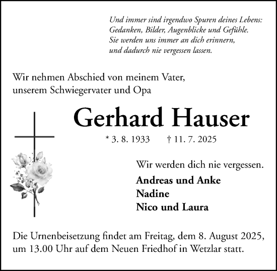 Traueranzeige von Gerhard Hauser von Wetzlarer Neue Zeitung