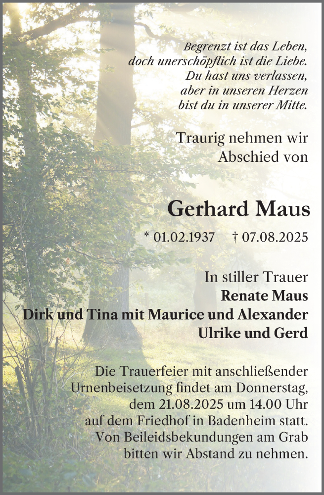  Traueranzeige für Gerhard Maus vom 16.08.2025 aus Binger-/Ingelheimer Wochenblatt