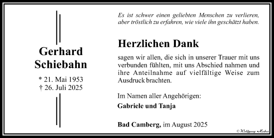 Traueranzeige von Gerhard Schiebahn von Camberger Anzeiger