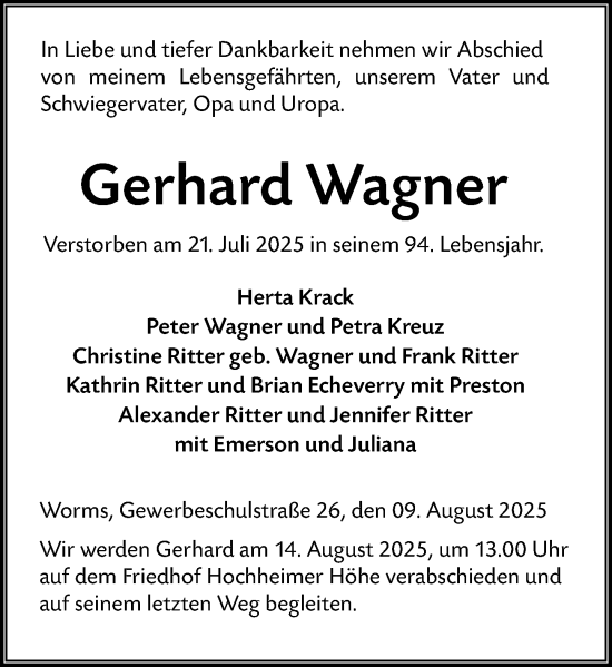 Traueranzeige von Gerhard Wagner von Wormser Zeitung
