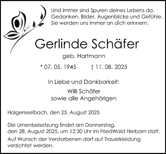 Traueranzeige von Gerlinde Schäfer von Dill Block