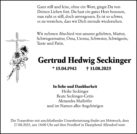 Traueranzeige von Gertrud Hedwig Seckinger von Hinterländer Anzeiger