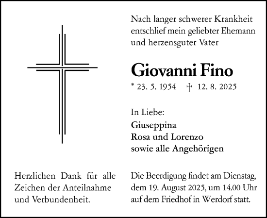 Traueranzeige von Giovanni Fino von Wetzlarer Neue Zeitung