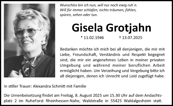 Traueranzeige von Gisela Grotjahn von Allgemeine Zeitung Rheinhessen-Nahe