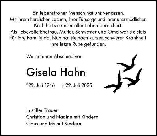 Traueranzeige von Gisela Hahn von Darmstädter Echo