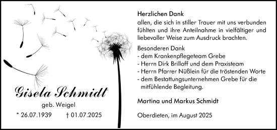 Traueranzeige von Gisela Schmidt von Hinterländer Anzeiger
