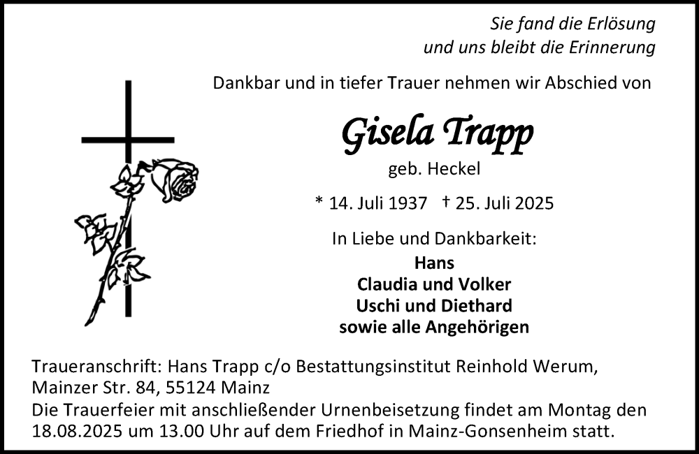  Traueranzeige für Gisela Trapp vom 09.08.2025 aus Allgemeine Zeitung Mainz