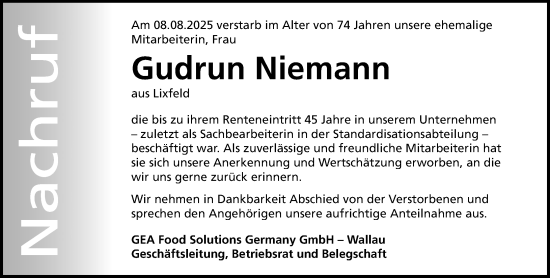 Traueranzeige von Gudrun Niemann von Hinterländer Anzeiger