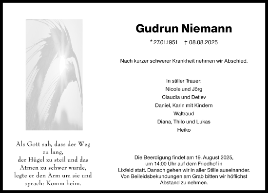 Traueranzeige von Gudrun Niemann von Hinterländer Anzeiger
