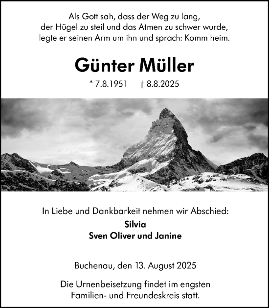 Traueranzeige von Günter Müller von Hinterländer Anzeiger