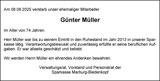Traueranzeige von Günter Müller von Hinterländer Anzeiger