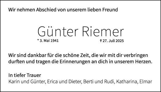 Traueranzeige von Günter Riemer von Allgemeine Zeitung Mainz