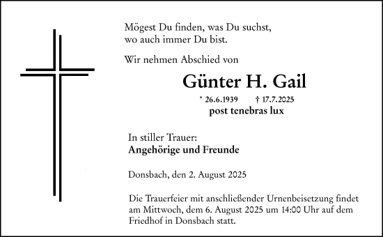 Traueranzeige von Günter H. Gail von Dill Block