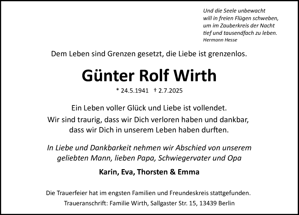  Traueranzeige für Günter Rolf Wirth vom 09.08.2025 aus Allgemeine Zeitung Mainz