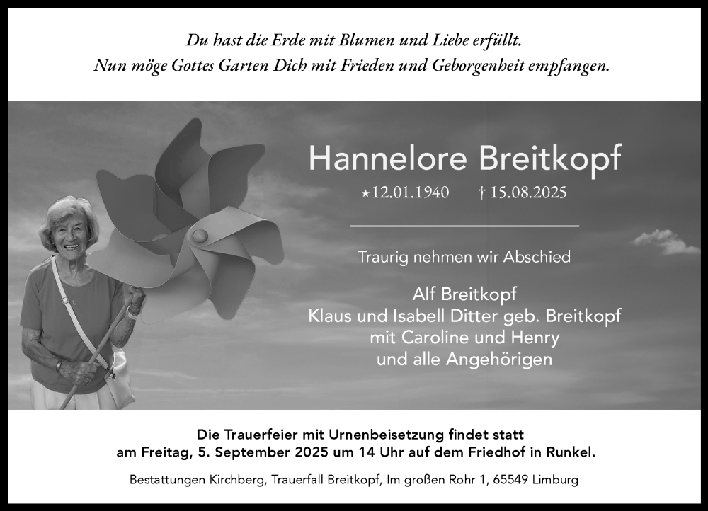  Traueranzeige für Hannelore Breitkopf vom 23.08.2025 aus Nassauische Neue Presse