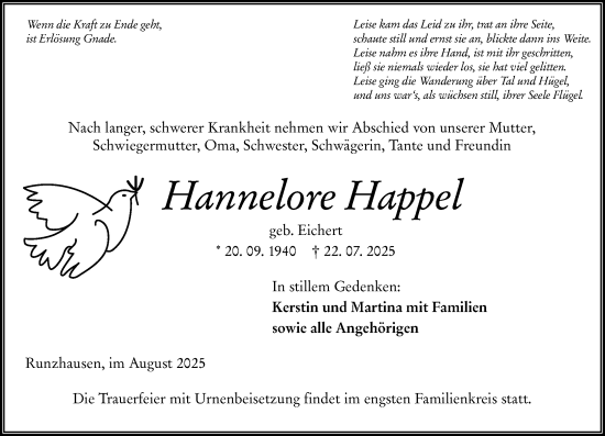 Traueranzeige von Hannelore Happel von Hinterländer Anzeiger