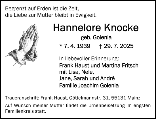 Traueranzeige von Hannelore Knocke von Allgemeine Zeitung Mainz