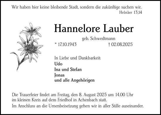 Traueranzeige von Hannelore Lauber von Hinterländer Anzeiger