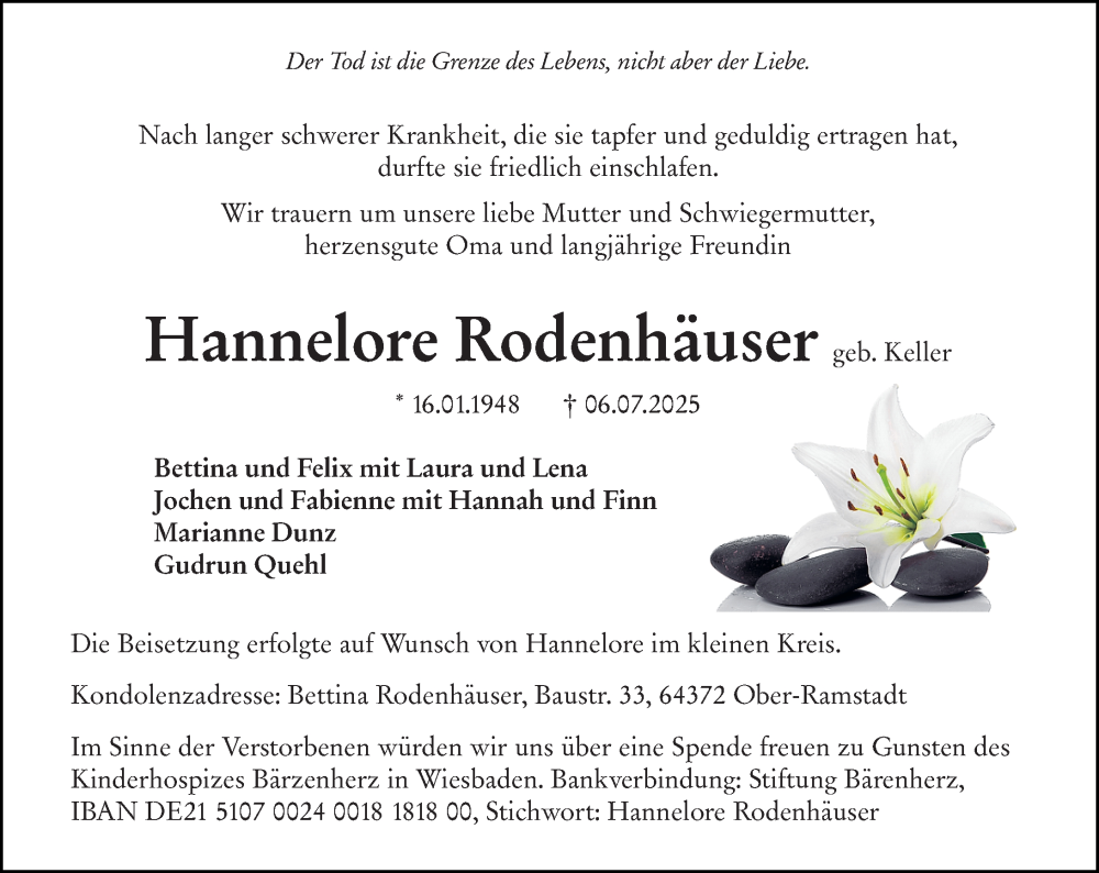  Traueranzeige für Hannelore Rodenhäuser vom 09.08.2025 aus Darmstädter Echo