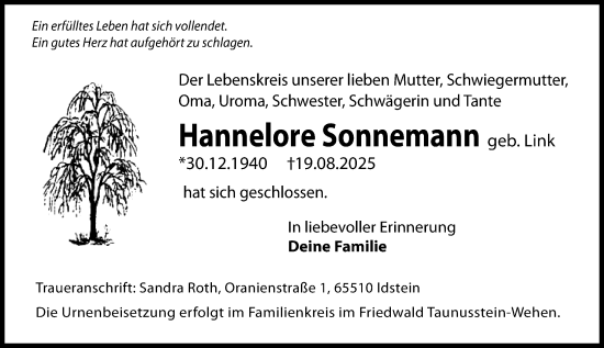 Traueranzeige von Hannelore Sonnemann von Idsteiner Land/Untertaunus