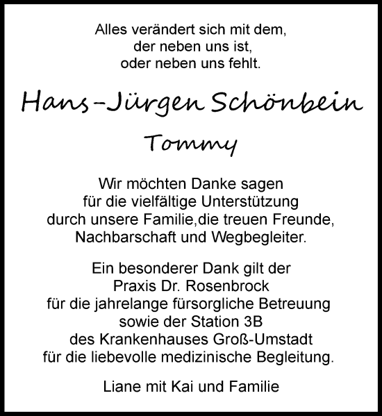 Traueranzeige von Hans-Jürgen Schönbein von Dieburger Anzeiger/Groß-Zimmerner Lokal-Anzeiger