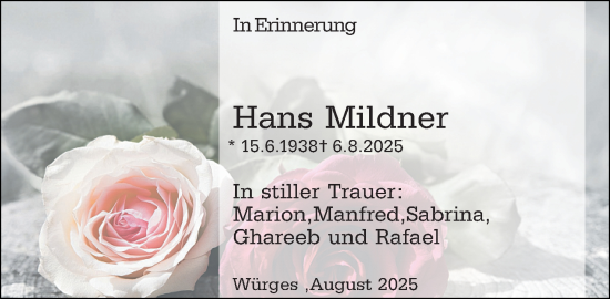 Traueranzeige von Hans Mildner von Camberger Anzeiger