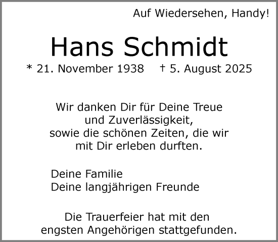 Traueranzeige von Hans Schmidt von Wiesbadener Kurier