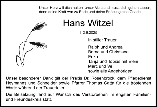 Traueranzeige von Hans Witzel von Dieburger Anzeiger/Groß-Zimmerner Lokal-Anzeiger