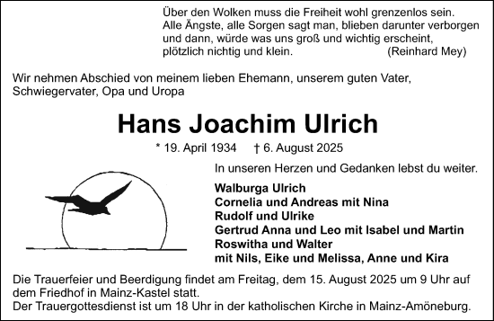 Traueranzeige von Hans Joachim Ulrich von Wiesbadener Kurier
