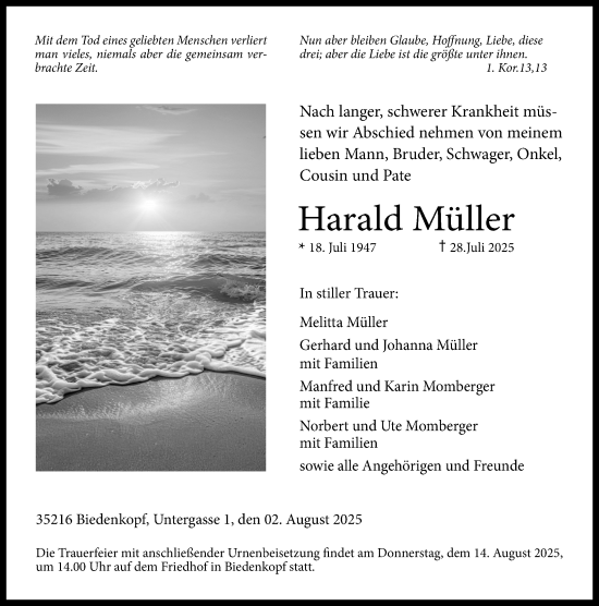 Traueranzeige von Harald Müller von Hinterländer Anzeiger