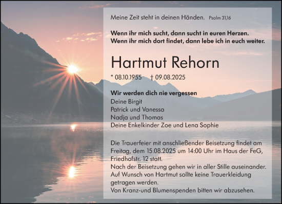 Traueranzeige von Hartmut Rehorn von Dill Block