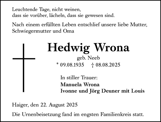 Traueranzeige von Hedwig Wrona von Dill Block