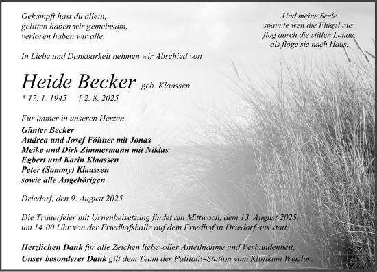Traueranzeige von Heide Becker von Dill Block
