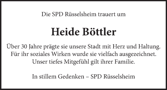 Traueranzeige von Heide Böttler von Rüsselsheimer Echo